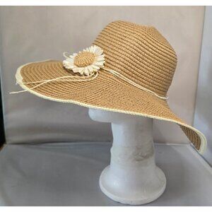 Wide Brim Floppy Straw Hat Daisy Flower Accent Natural Beige Summer beach nautic